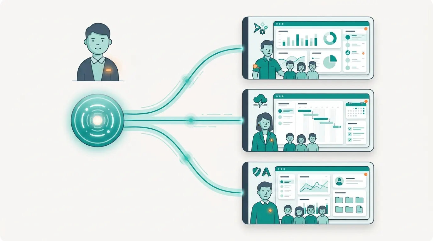 Flat illustration of one central account hub connected to three separate, independent business workspaces, each with its own manager and staff figures.