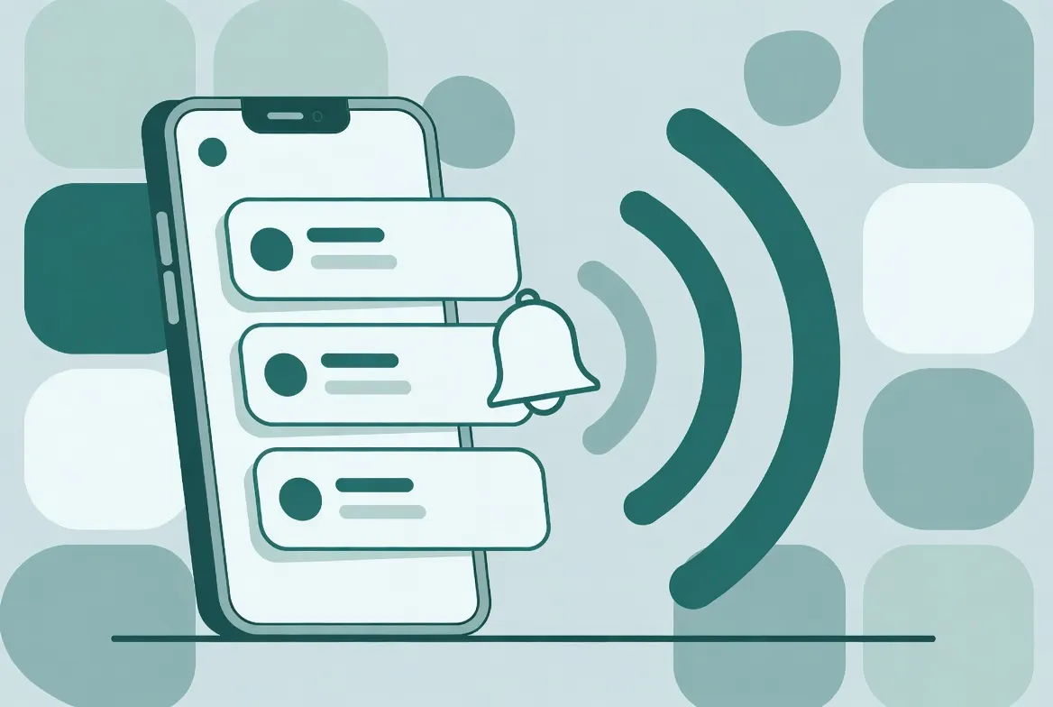 Flat vector illustration of a smartphone with stacked notification cards and a bell emitting three arcs of increasing intensity, in teal and slate.