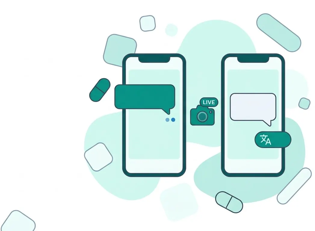 Two smartphone screens showing Loopapa in-task chat bubbles with a Live camera badge between them