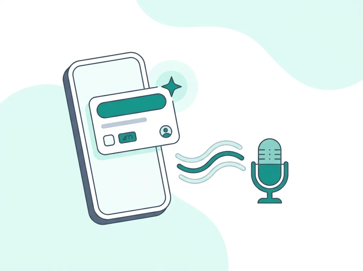 Illustration of a smartphone showing a task card with a microphone and AI sparkle icon, in Loopapa's teal and slate colors
