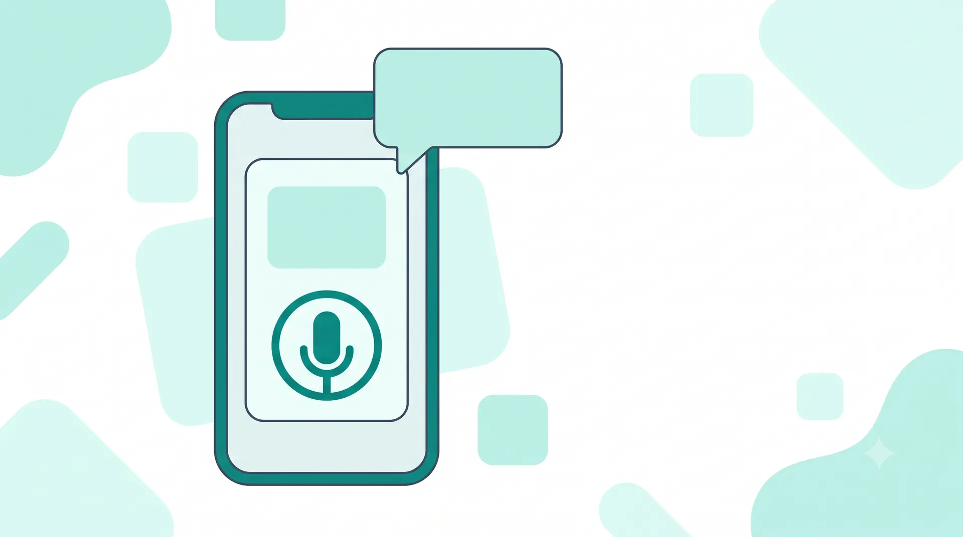 Flat vector illustration of a smartphone showing a report card with a teal microphone icon, and a speech bubble rising from the phone