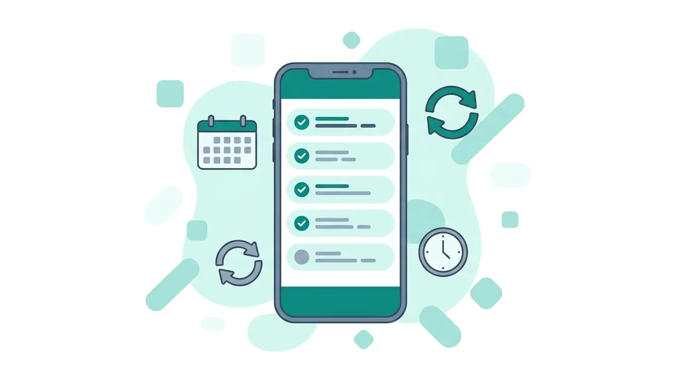Flat vector illustration of a smartphone showing a daily task list, with a calendar, repeat arrows, and a clock icon, in teal and slate.