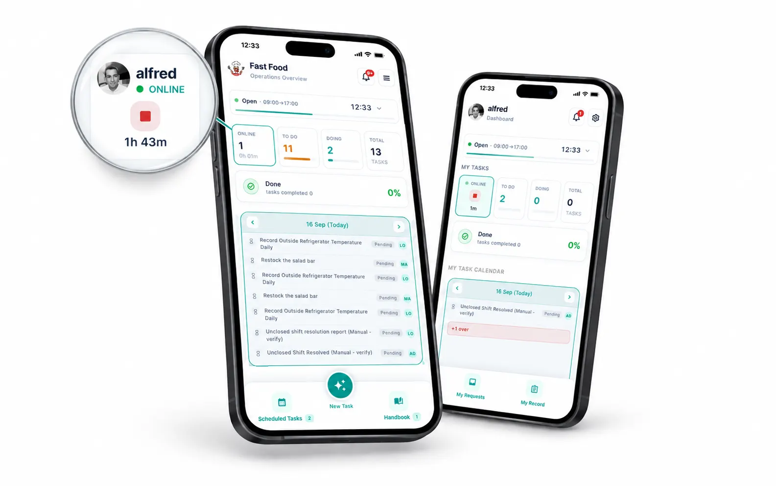 Manager dashboard showing one staff member online, magnified to reveal their live shift timer and stop button, beside the employee's own dashboard