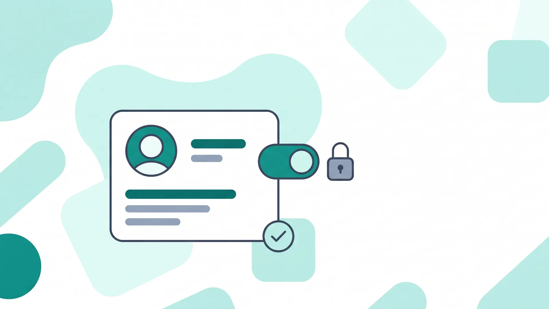 Illustration of an employee profile card with a toggle switch and a lock icon, in Loopapa's teal and slate brand colors