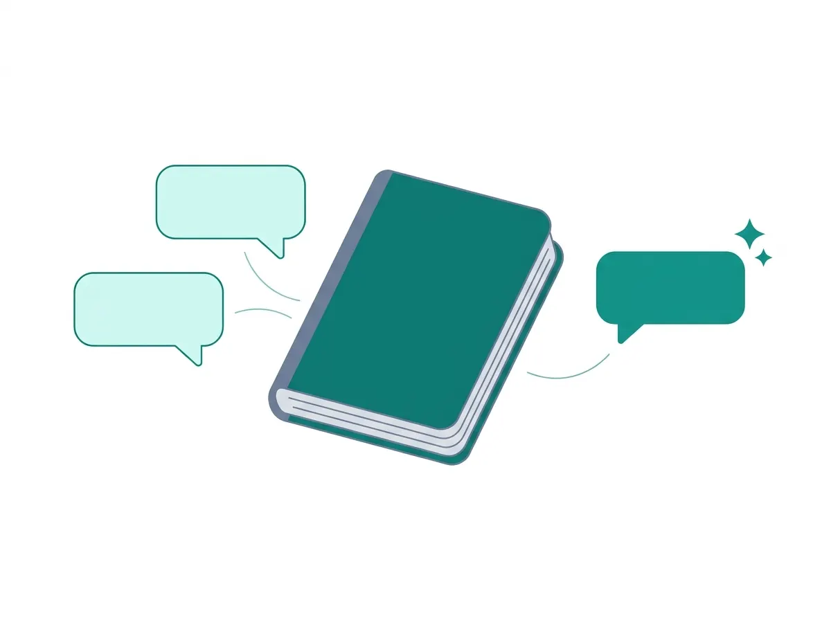 The Loopapa Team Handbook shown as a 3D book, with floating chat bubbles of an employee asking an AI assistant common restaurant questions.