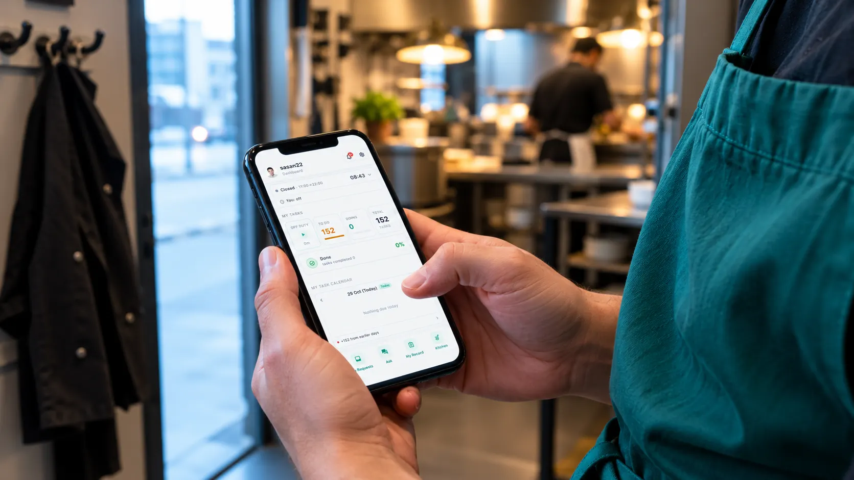 A cook in a teal apron checks the staff app on a phone at the start of a kitchen shift