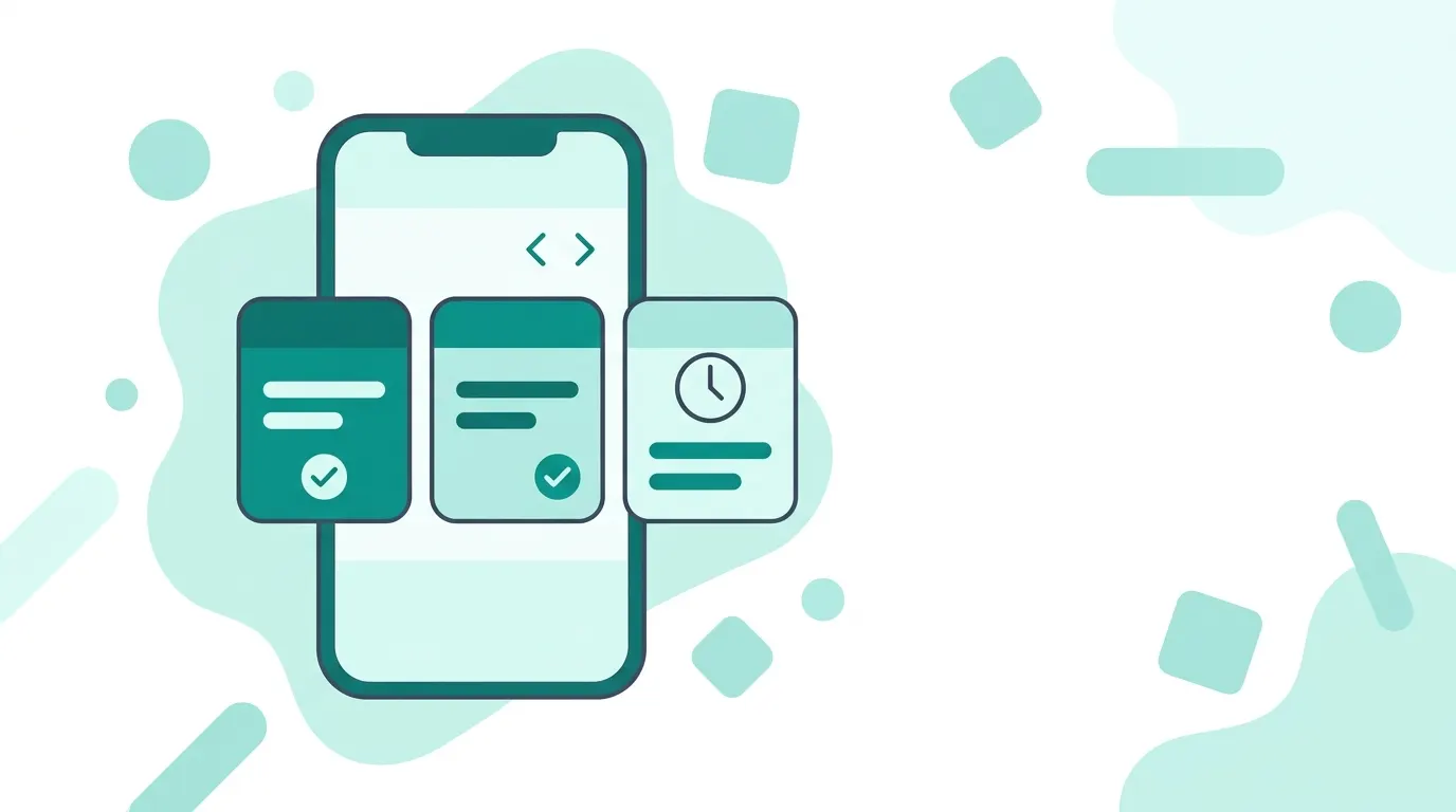 Flat vector illustration of a smartphone showing a horizontal calendar strip of day cards with task rows, check marks, and a clock icon, in teal and slate.