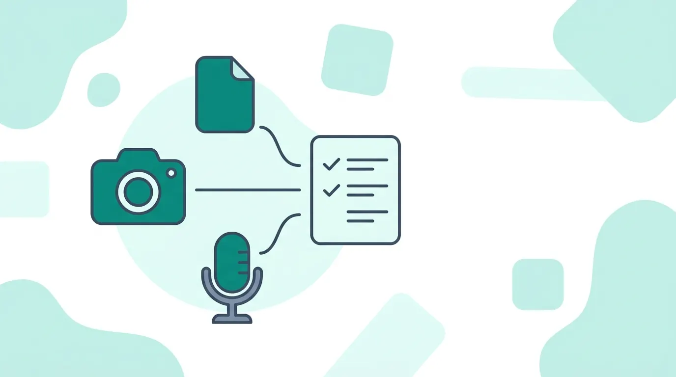 Flat vector illustration of a camera, a document, and a microphone converging into a single written checklist, in teal and slate tones