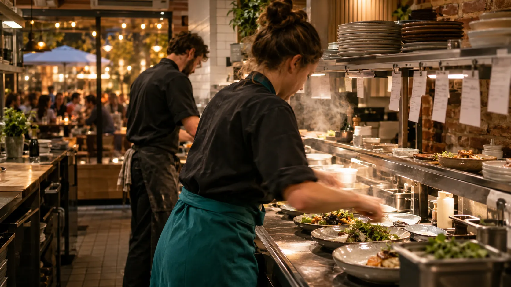 Two cooks plating dishes fast on a busy restaurant cooking line on a summer evening, with order tickets on the rail and a full terrace outside