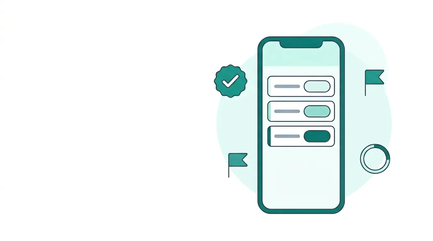 Flat vector illustration of a phone showing a task list with To Do, Doing, and Done status chips, plus a checkmark badge, a priority flag, and a progress ring.