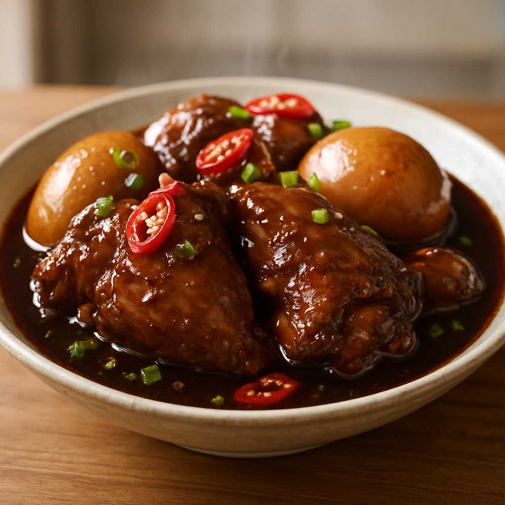 אדובו עוף בבישול בכלי חרס על הכיריים