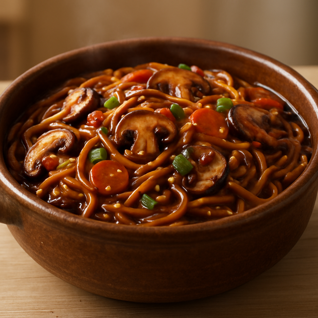 אטריות סצואניות אפויות בכלי חרס עם ירקות ומרק סמיך