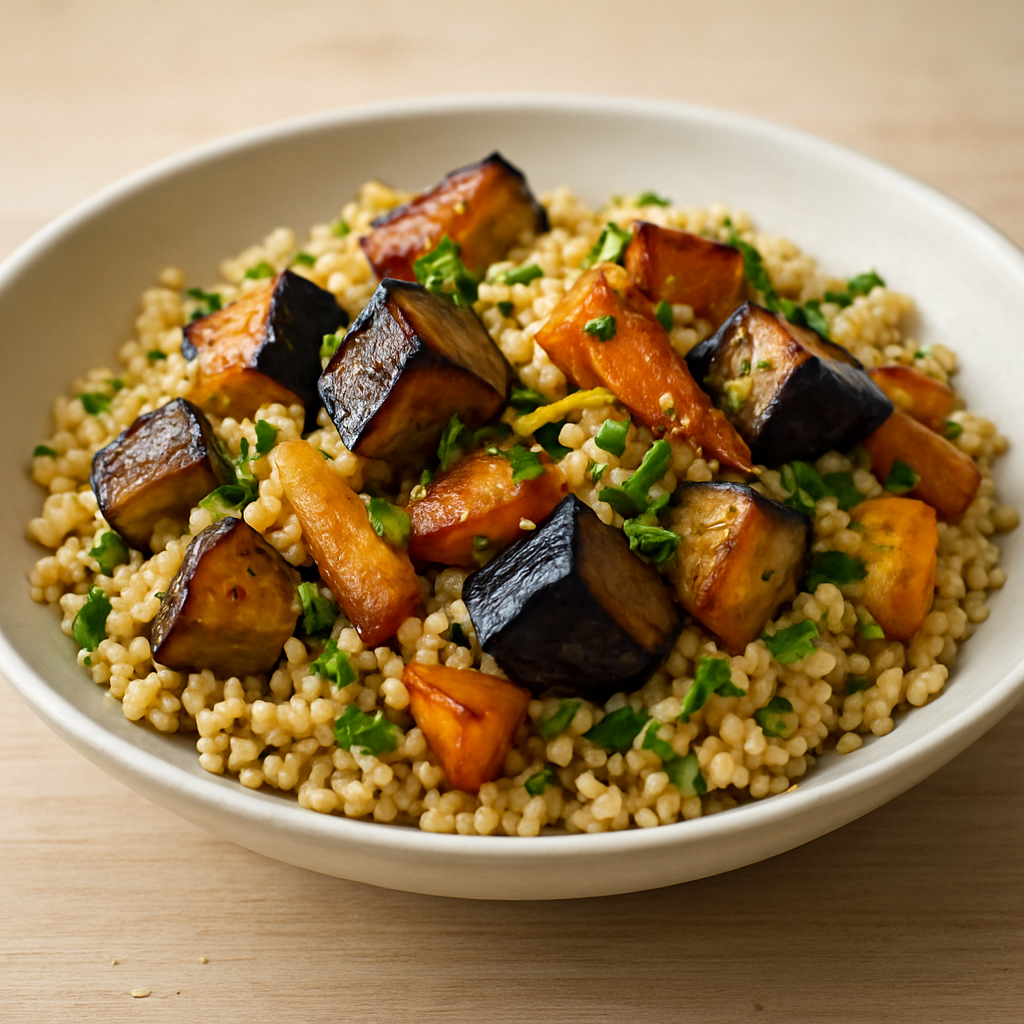 בורגול עם חציל וירקות שורש אפויים בסגנון כורדי