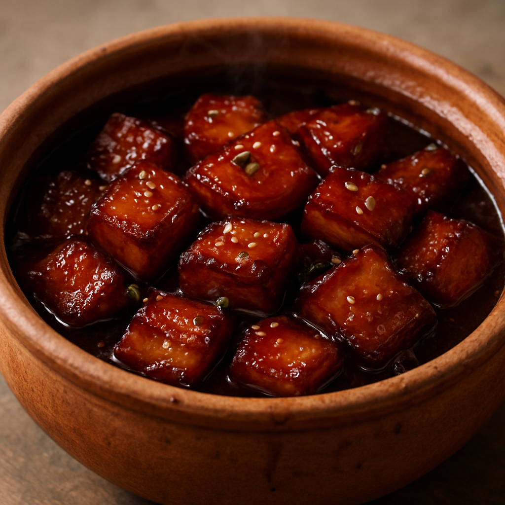 בטן חזיר סצואנית אפויה בכלי חרס עם קרמול תבלינים