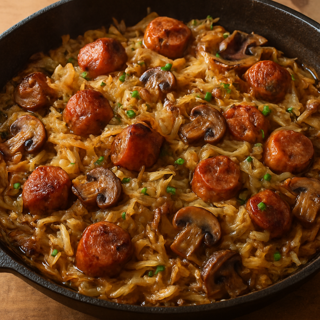 ביגוס מהיר במחבת עם כרוב ופטריות