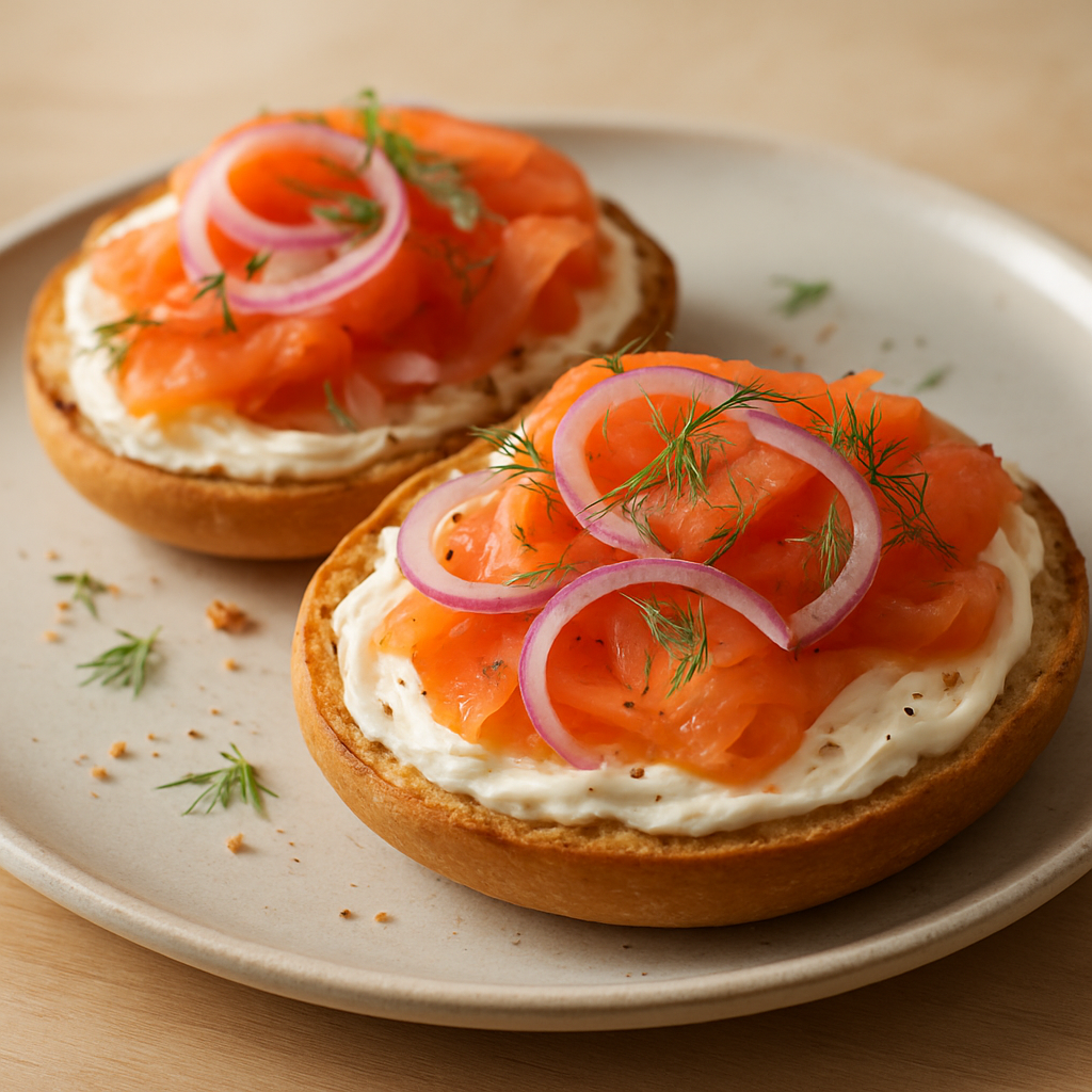 בייגל פתוח עם סלמון מעושן, יוגורט ודיל