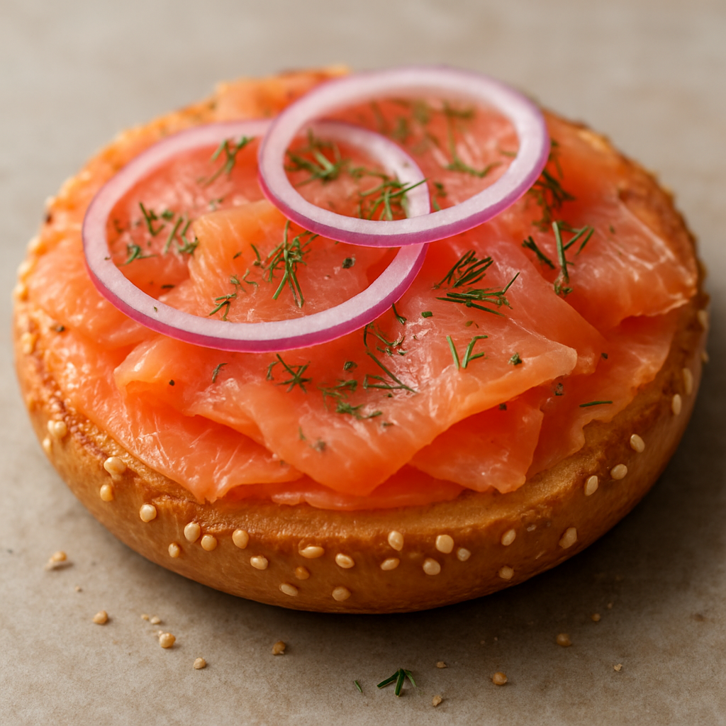 בייגל עם סלמון מעושן קר וסלט בצל ושמיר