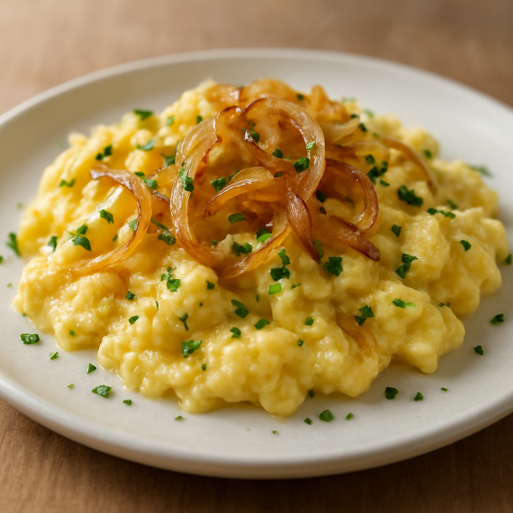 ביצים מקושקשות עם בצל מטוגן