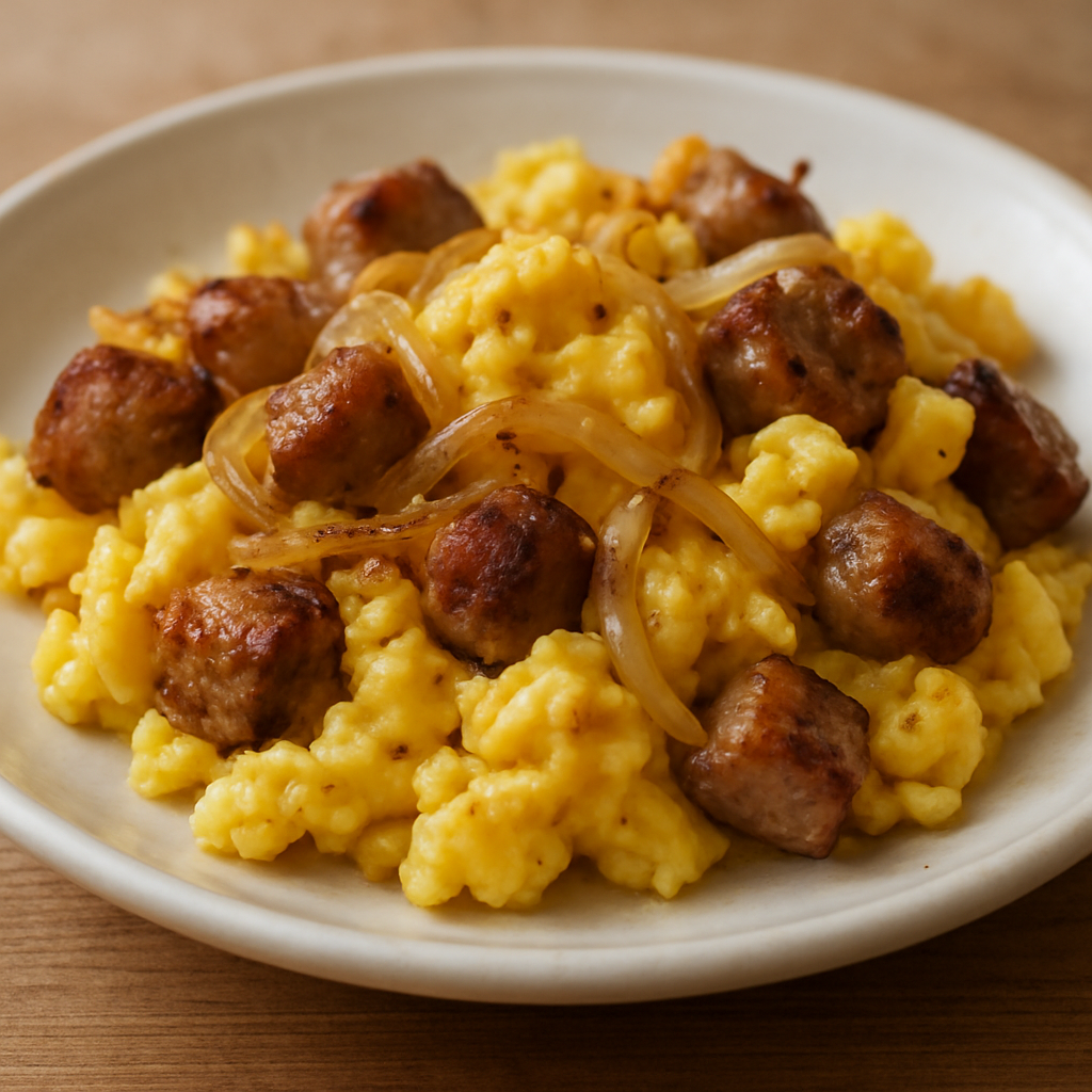 ביצים מקושקשות עם נקניקייה ובצל