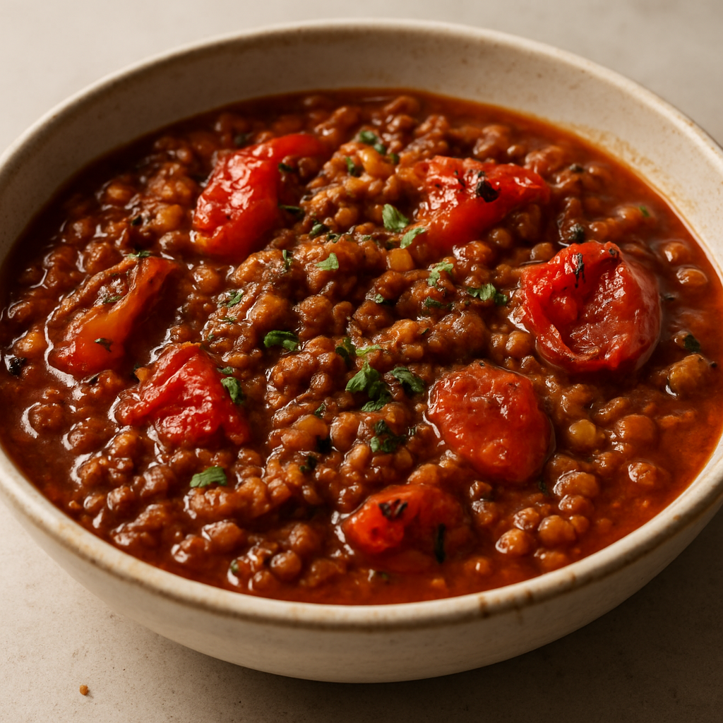 בקר טחון ועדשים ברוטב אדום מרוכז