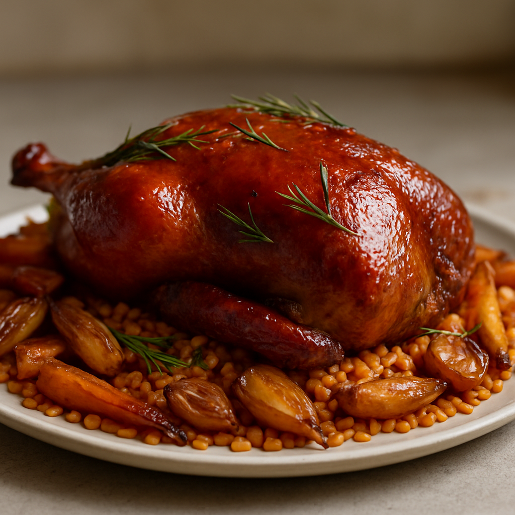 ברווז צלוי בסגנון הולנדי עם עדשים כתומות