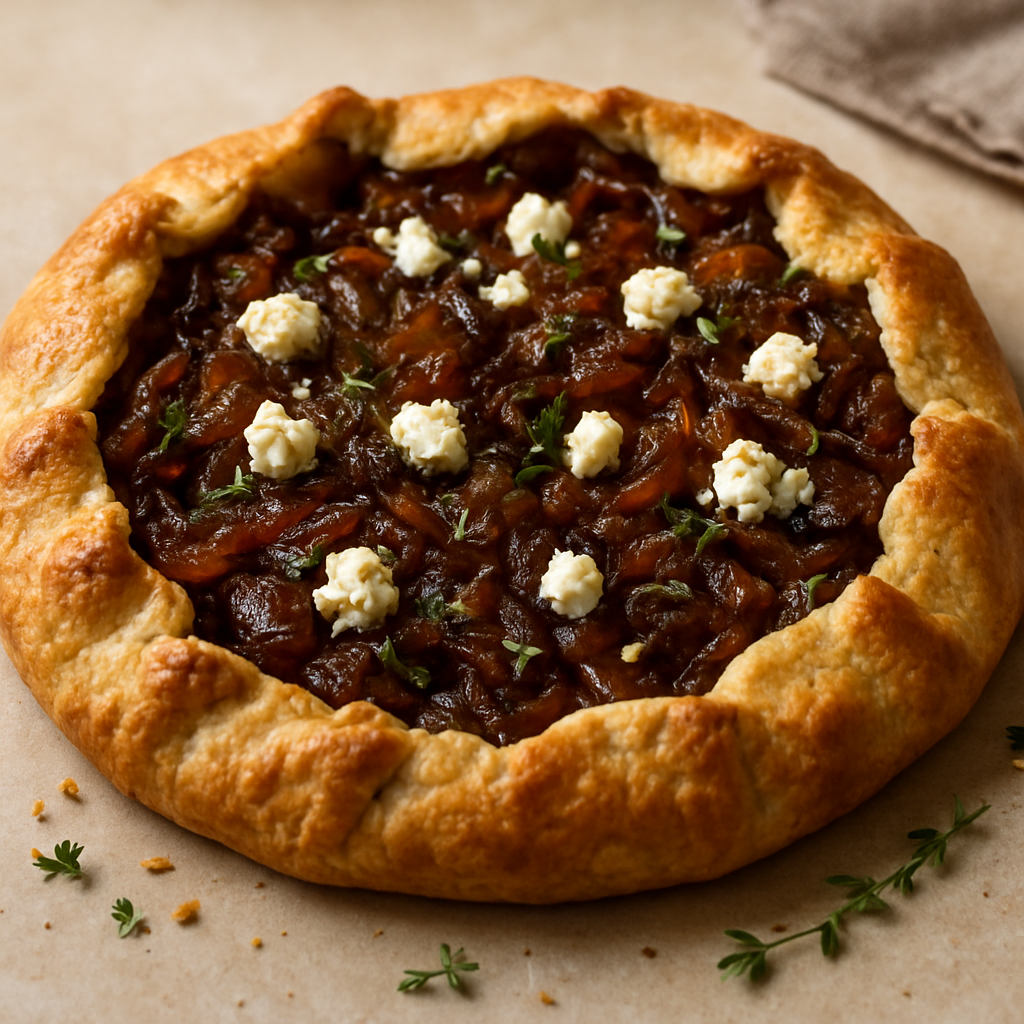 גלט פתוח של בצל מקורמל ופטה על אבן שמוט