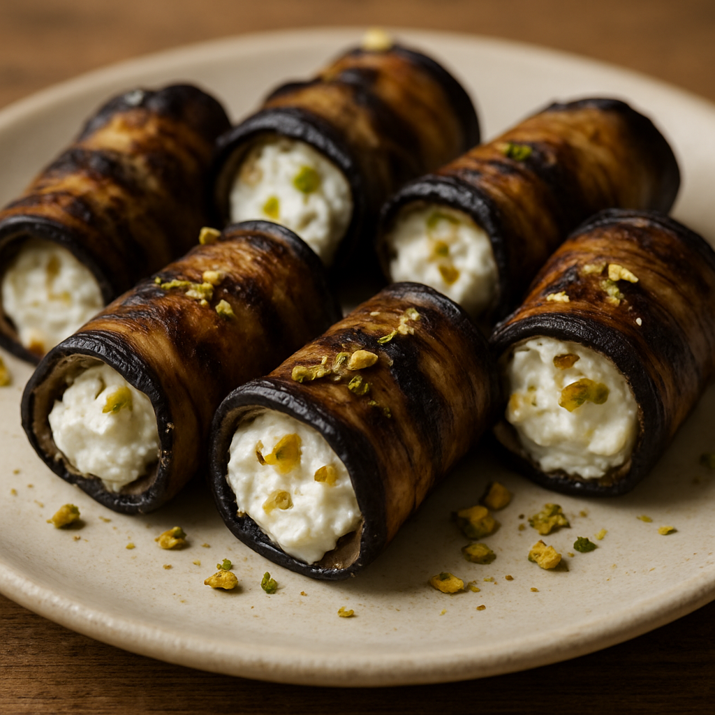 גלילות חציל צרובות במחבת עם לבנה ופיסטוק (קר)