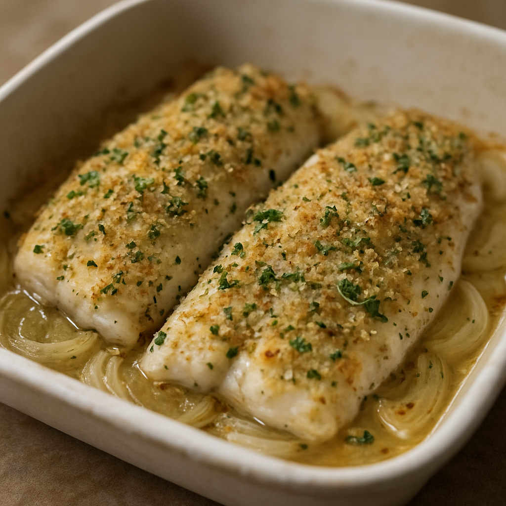 פילה דג עם עשבי תיבול ובצל אפוי בתבנית ברזל