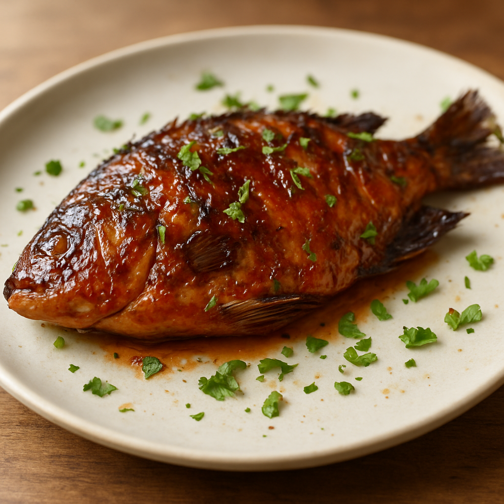 טילאפיה צלויה בסגנון ניגרי עם רוטב פלפלים ועשבי תיבול
