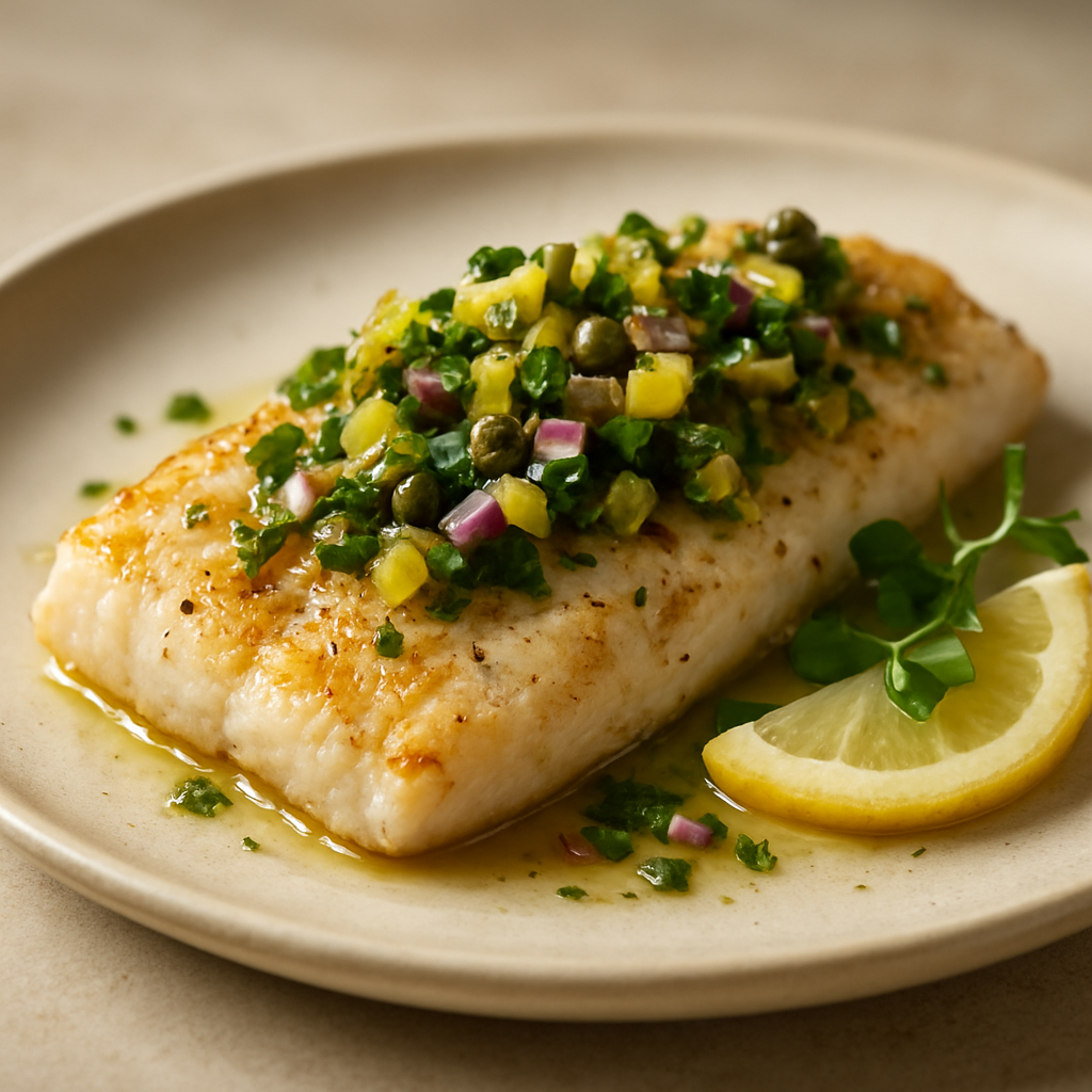 דג ים אפוי עם סלסת לימון כבוש ועשבים