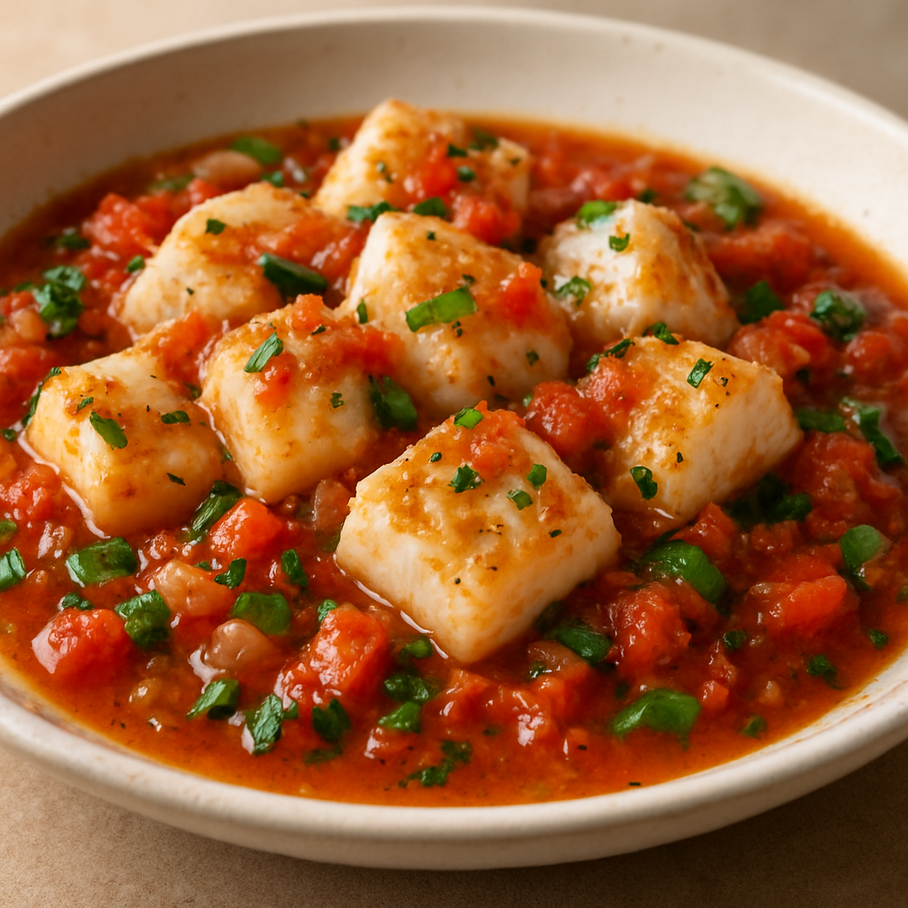 דג לבן חתוך לקוביות ברוטב עגבניות ועשבי תיבול