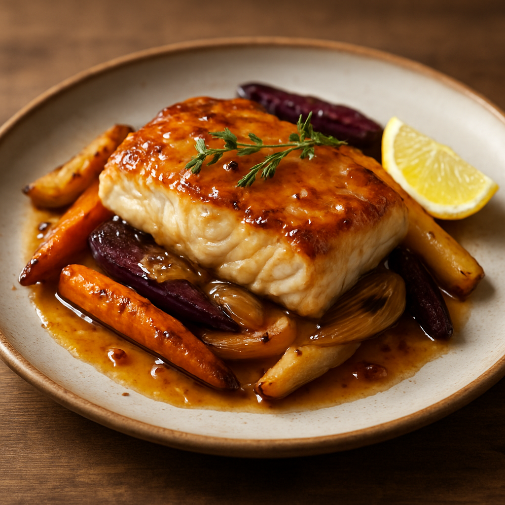 פילה דג לבן עם קירמול איטי של שאלוטים וירקות שורש קלויים