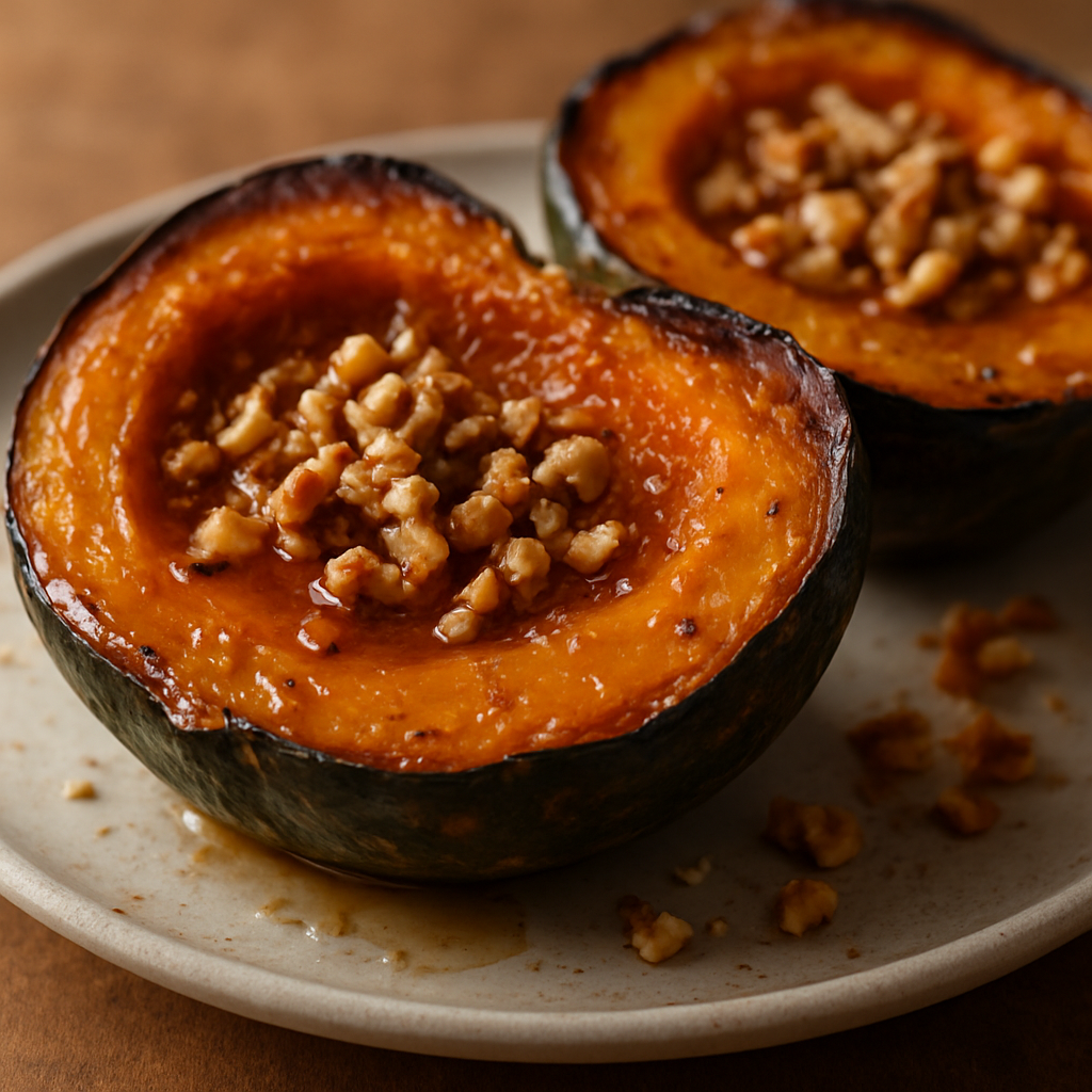חצי דלעת מתוקה אפויה עם אגוזים ודבש בתבנית ברזל