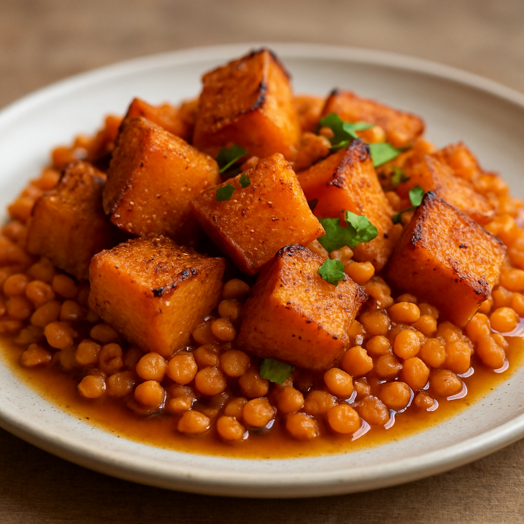 דלעת צלויה בסגנון הולנדי עם עדשים כתומות