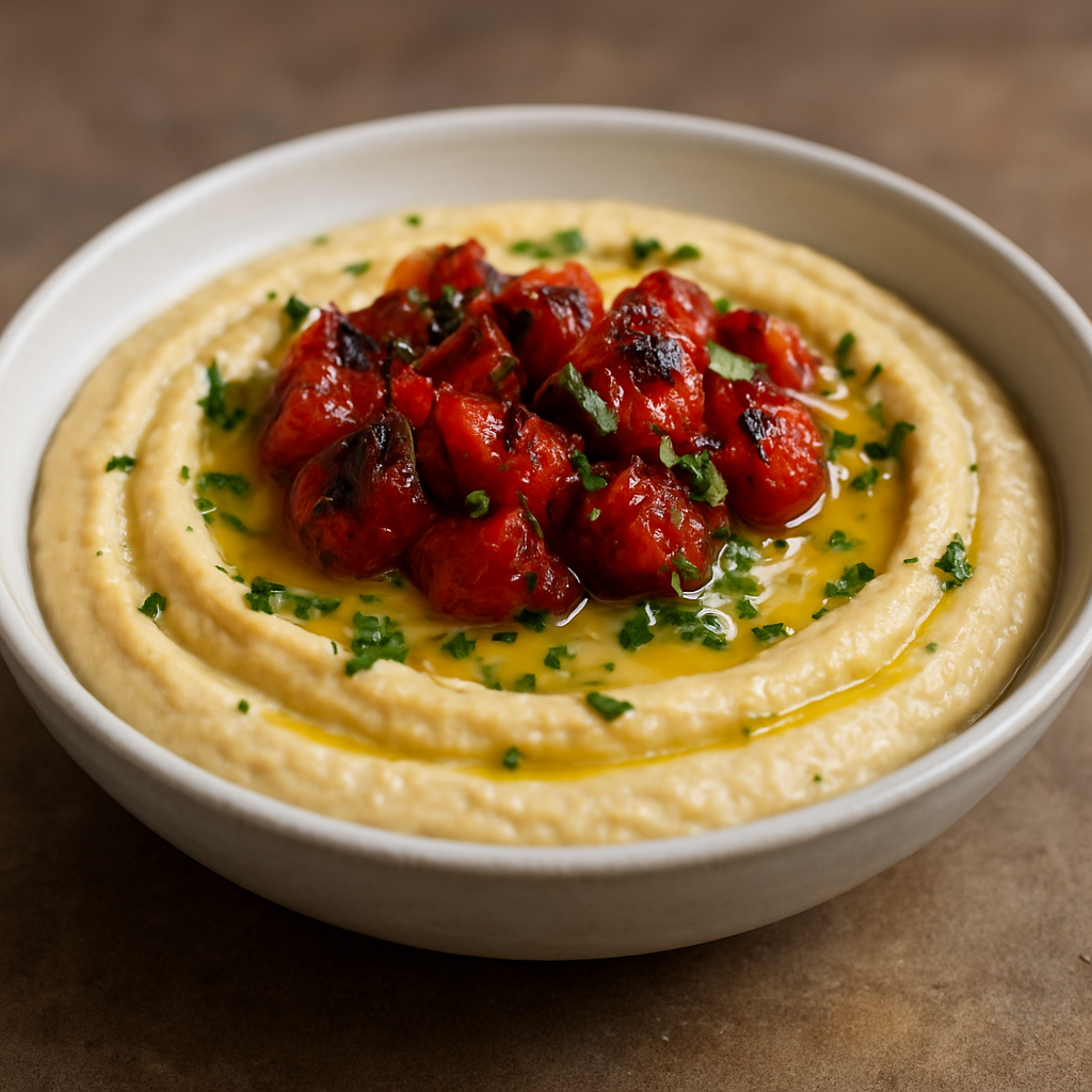 חומוס ביתי עם עגבניות צרובות ועשבי תיבול