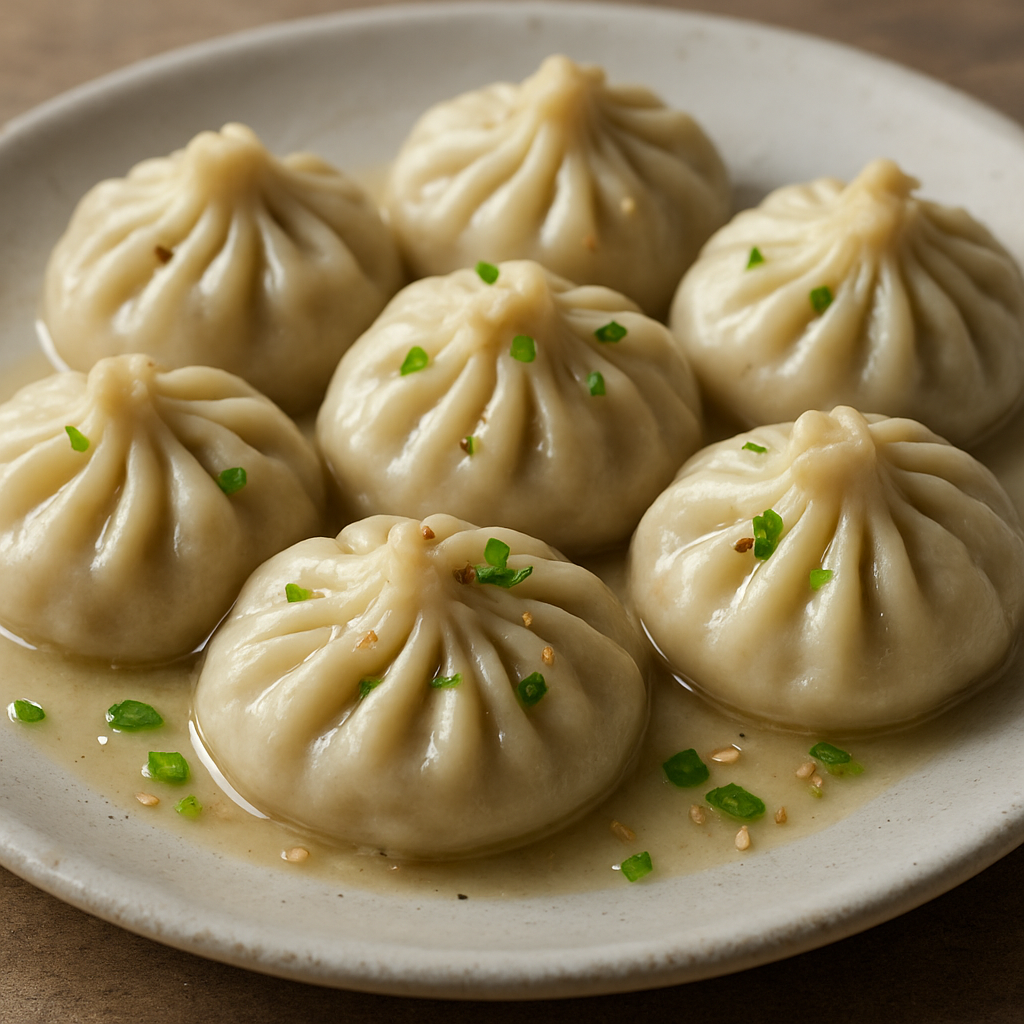 חינקלי בשר עם נוזל שום שחור במי פסטה