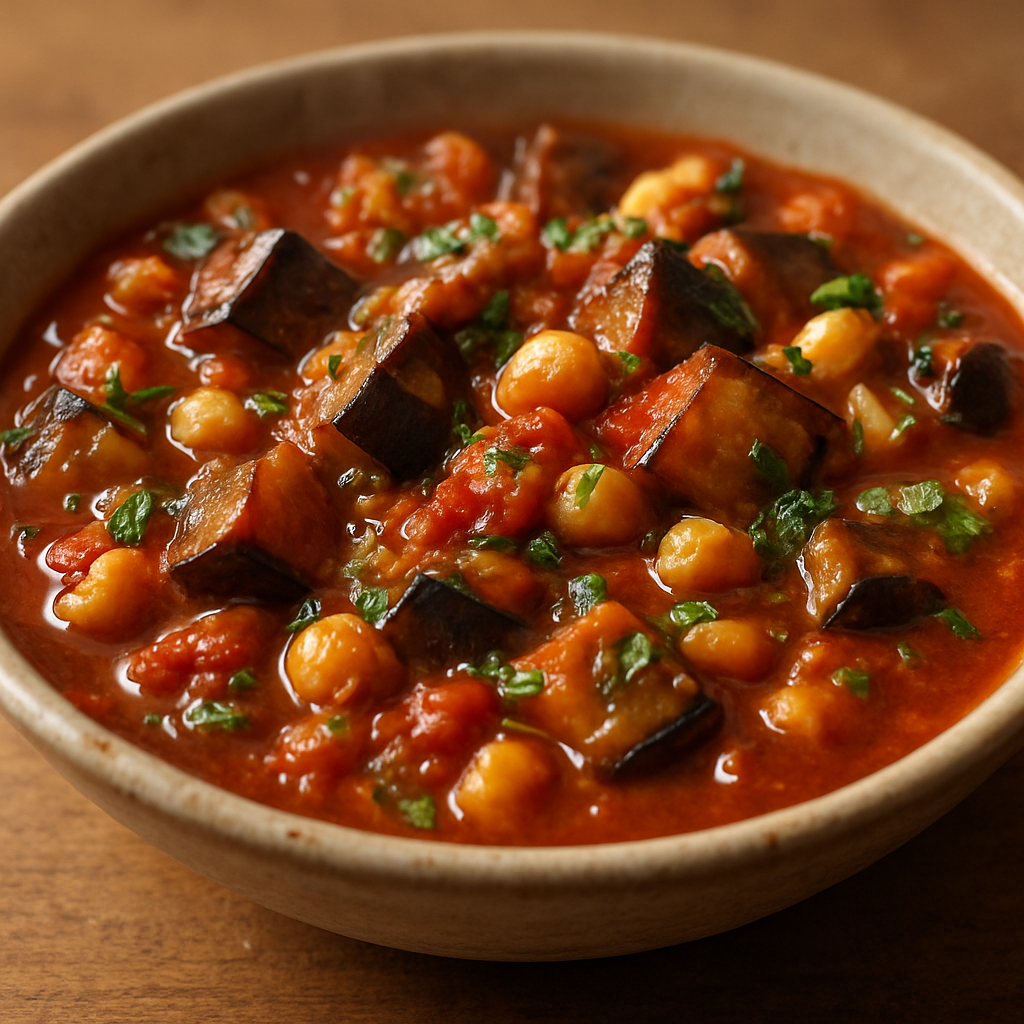 חציל וגרגירי חומוס בקוביות ברוטב עגבניות