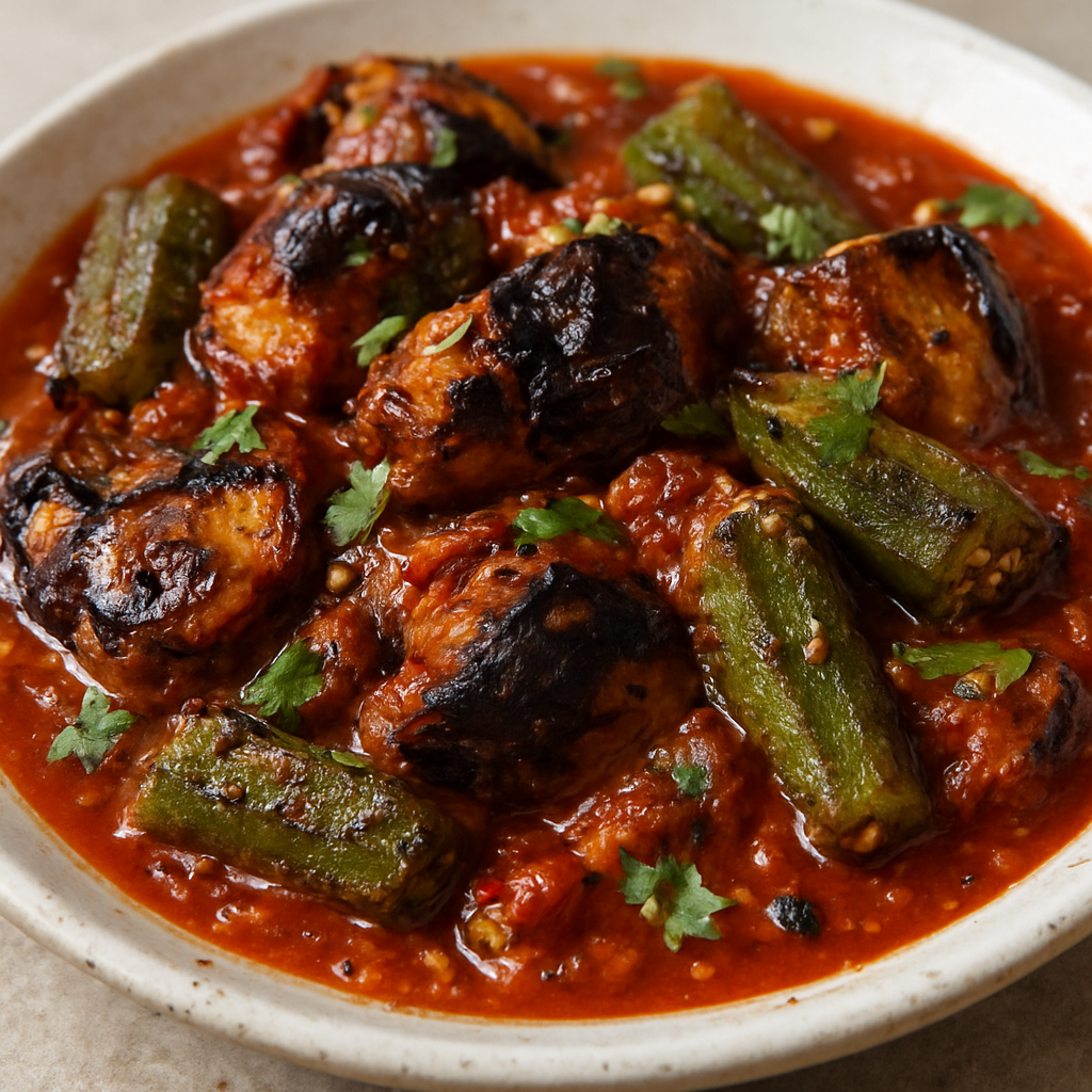 חציל ובמיה צרובים ברוטב עגבניות הודי דרומי