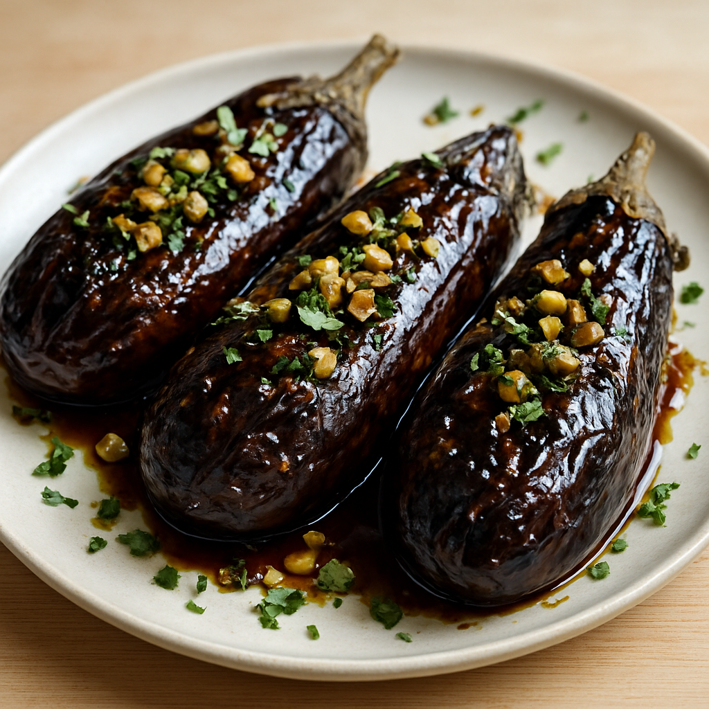 חציל צלוי בזיגוג חמוץ-מתוק ושום