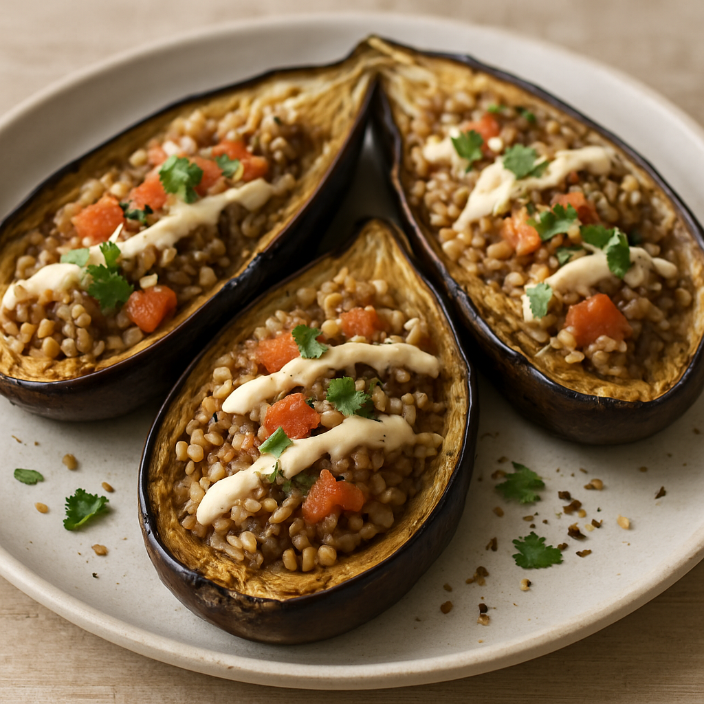 חציל ממולא בטחינה, קטניות ואורז בתבנית ברזל