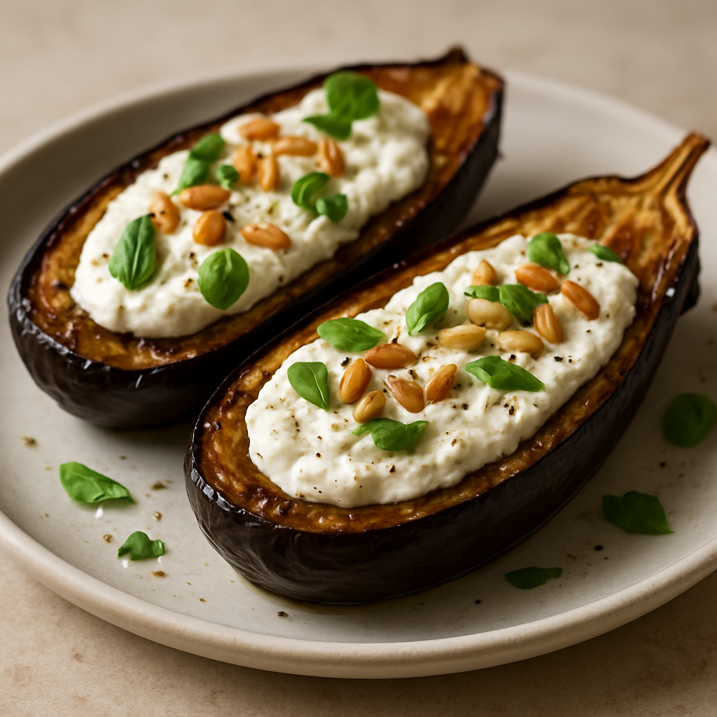 חציל צלוי במילוי גבינת עיזים, צנוברים ובזיליקום