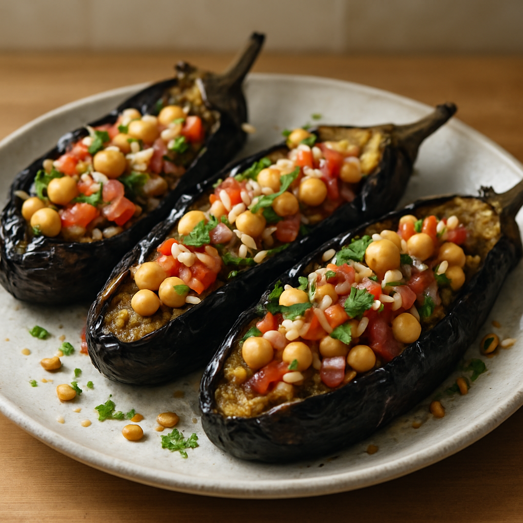 חציל צלוי שחום עמוק עם סלט חומוס וקוקוס