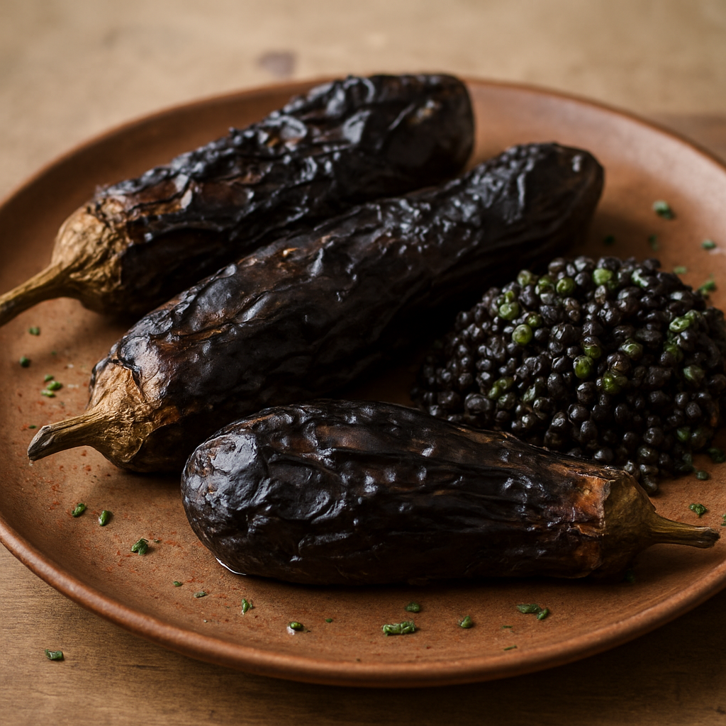 חציל ירושלמי צלוי עקיפה בפחמים עם עדשים שחורות