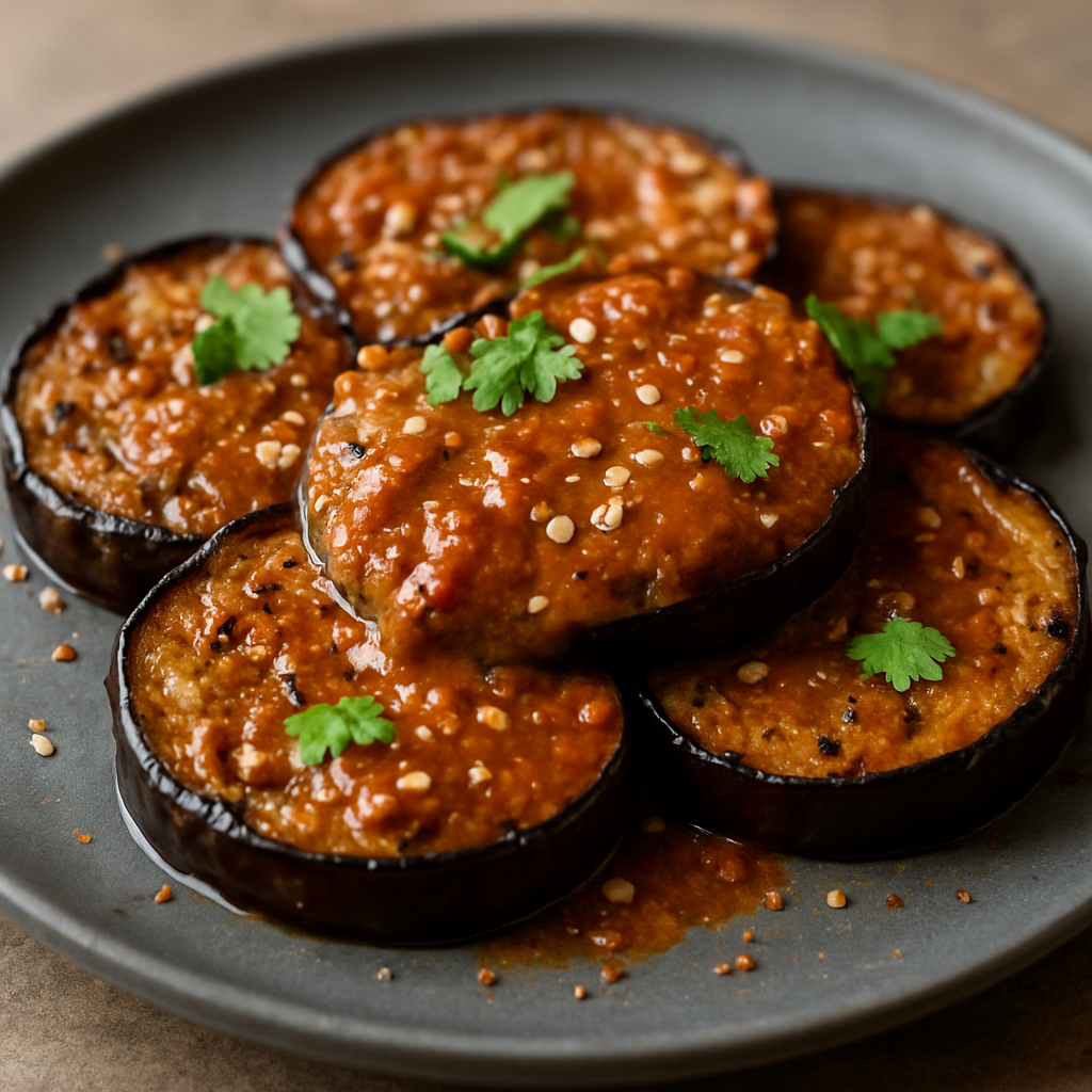 חציל צרוב ברוטב בוטנים ועגבניות