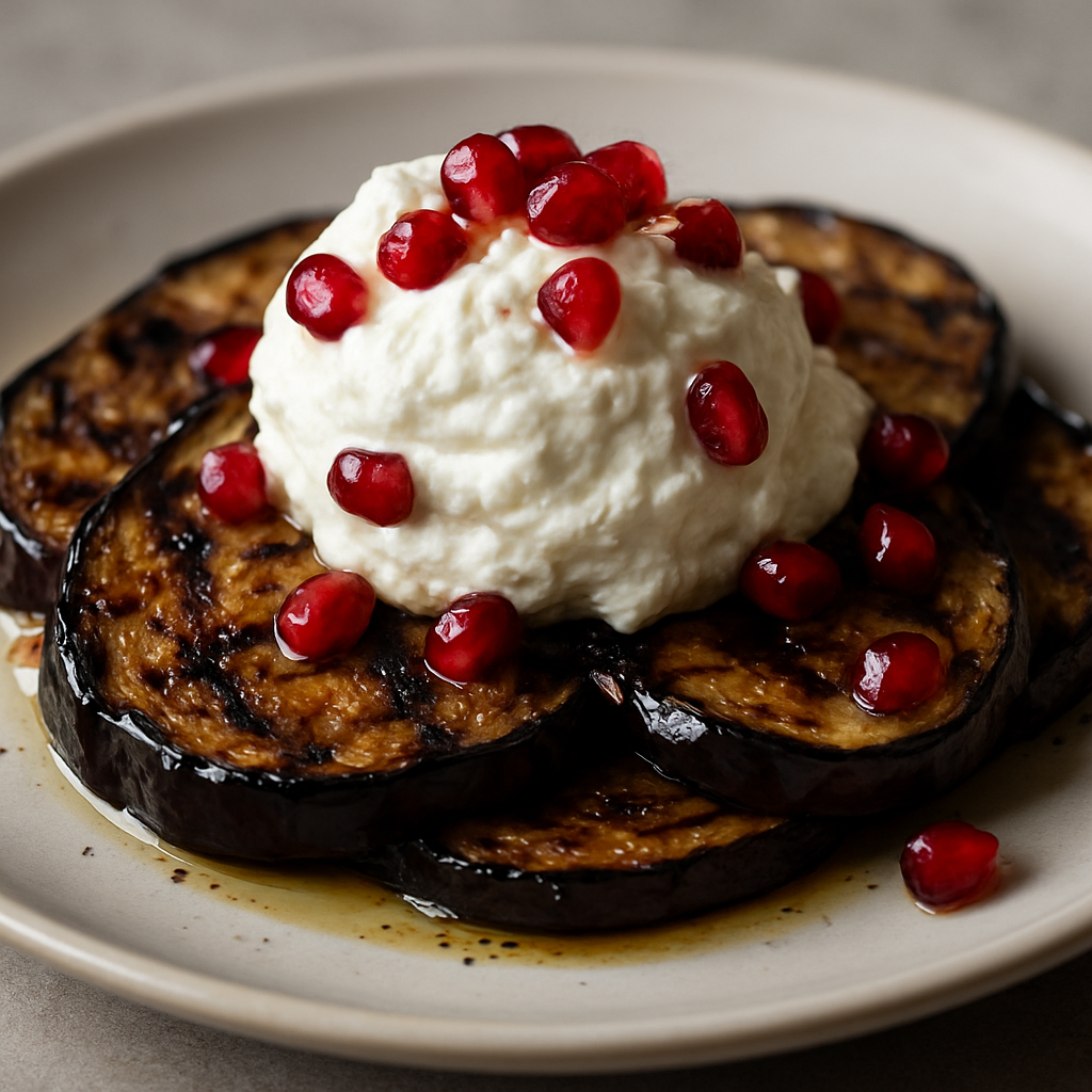 חציל קלוי עם קציפת גבינת עיזים וגרגירי רימון