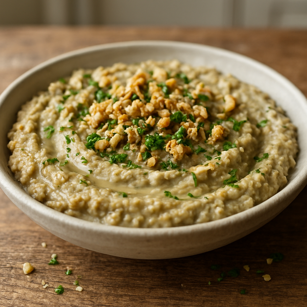 חציל קלוי עם טחינה ופירורי אגוזים גרוסים