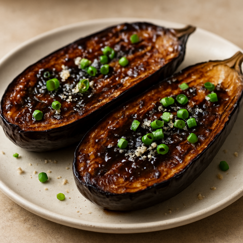 חציל קנטונזי ברוטב שעועית שחורה על נייר אפייה