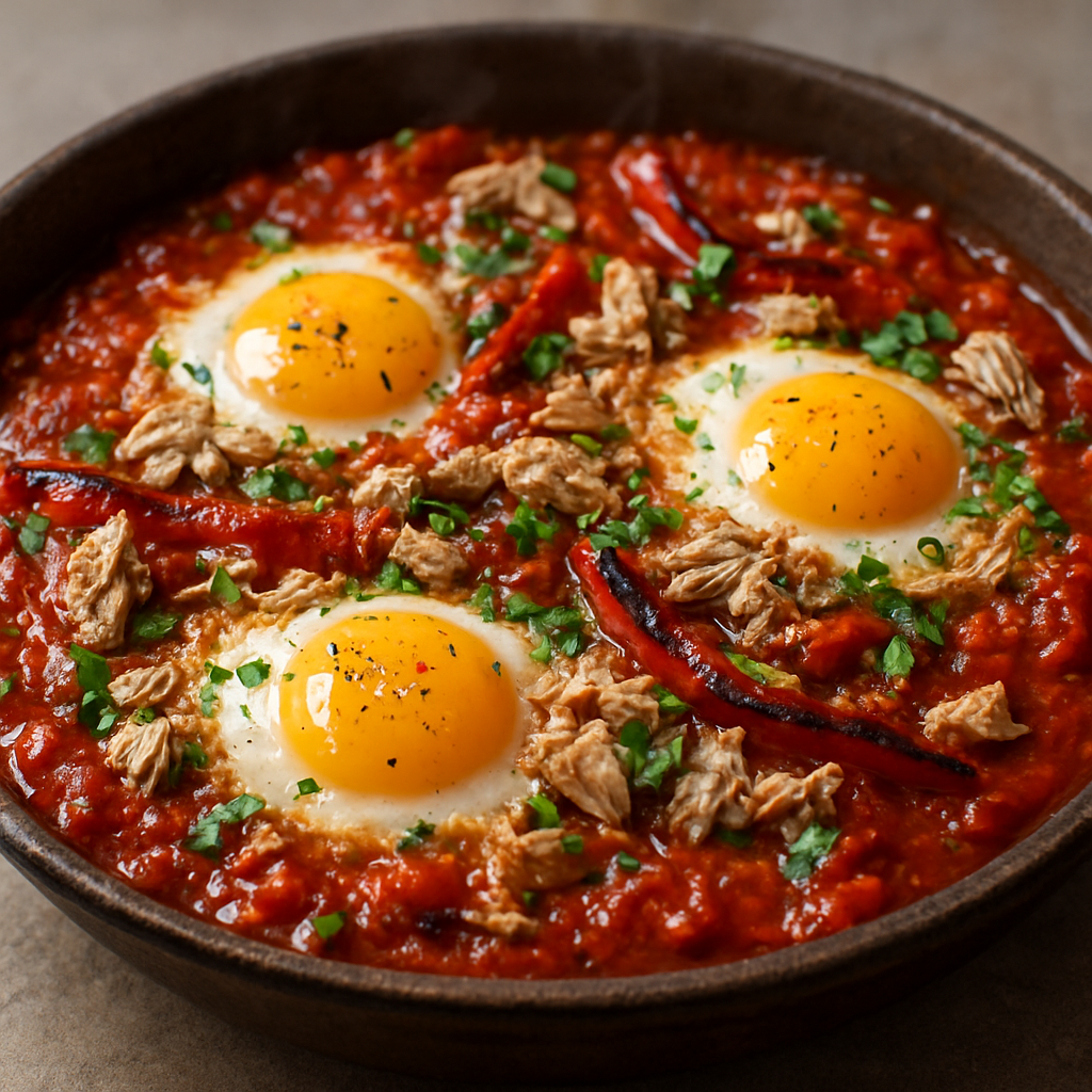 טונה בעגבניות ושושקה עם ביצים