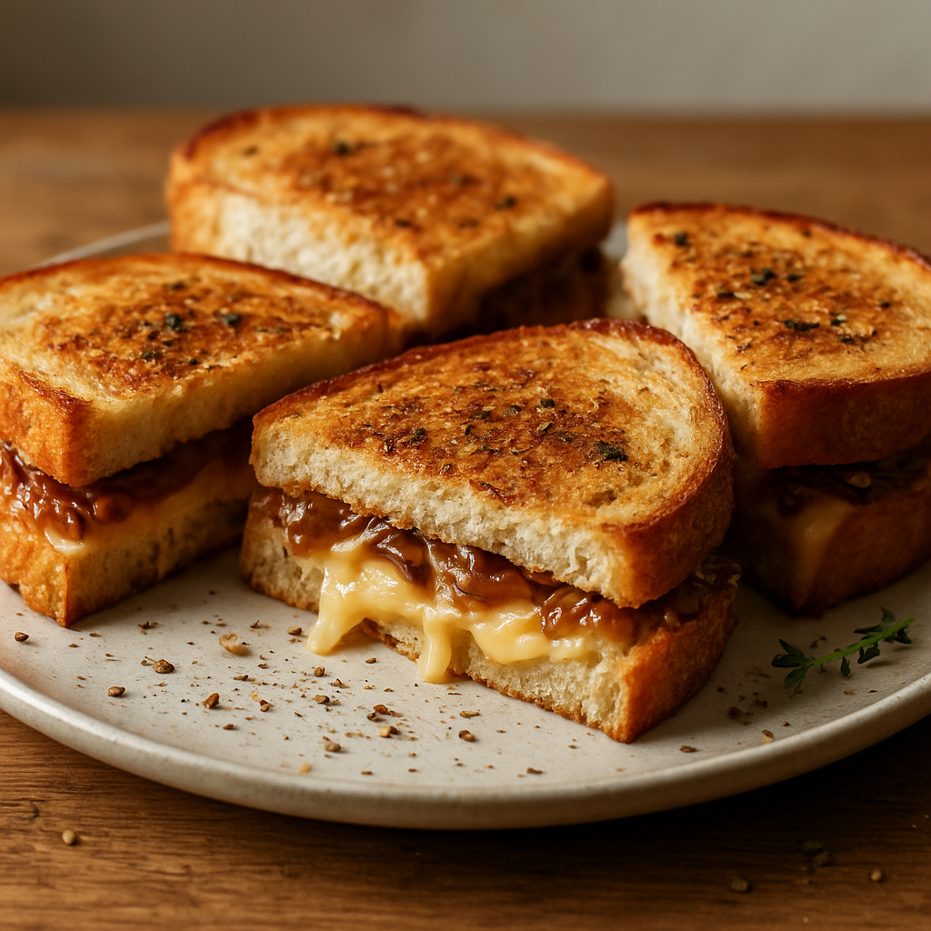 טוסט דני עם בצל מסוכר וריבת בצל וכמון קלוי