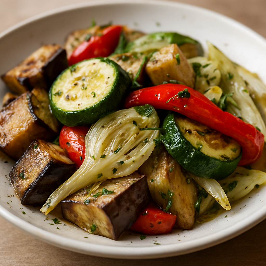 תערובת ירקות ים תיכוניים באידוי עדין עם שמן ועשבי תיבול